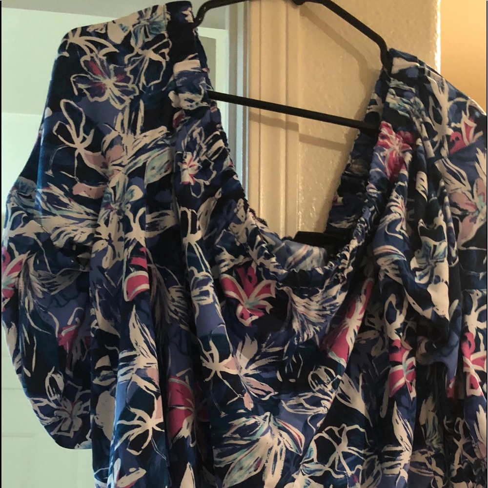 Off the shoulder blue and pink flowered top